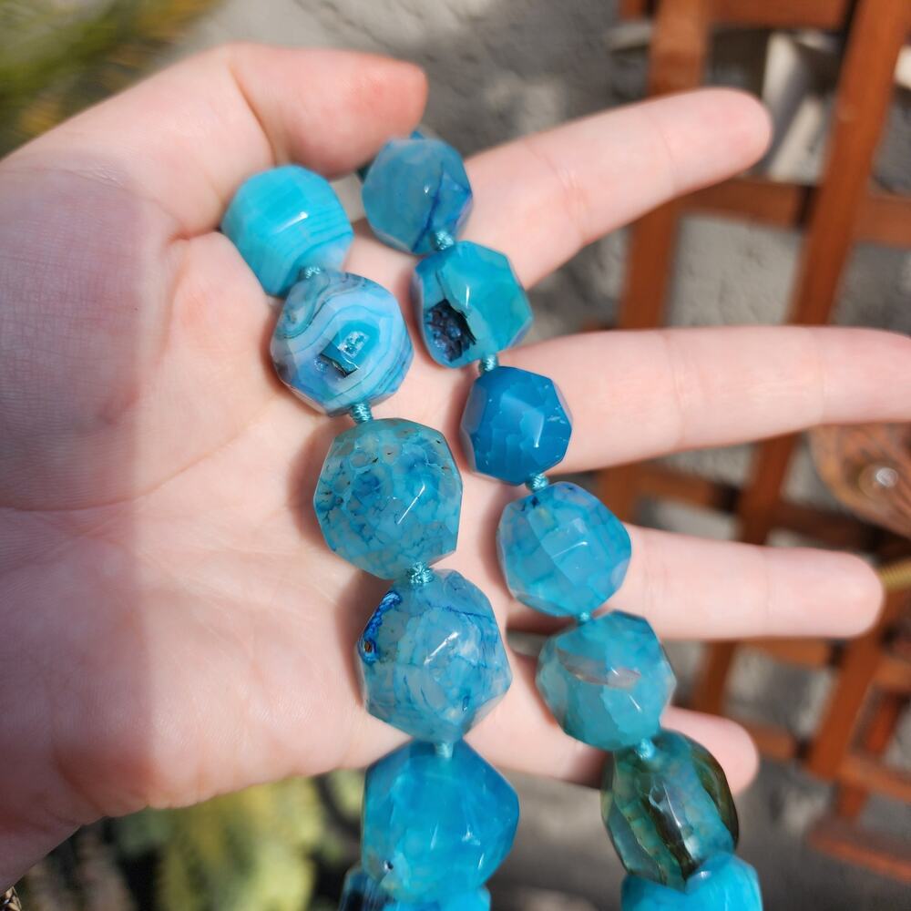 Lucas Lameth Blue Dragon Vein Agate Necklace LUC 925 Chunky Faceted Large Bead - Picture 4 of 11